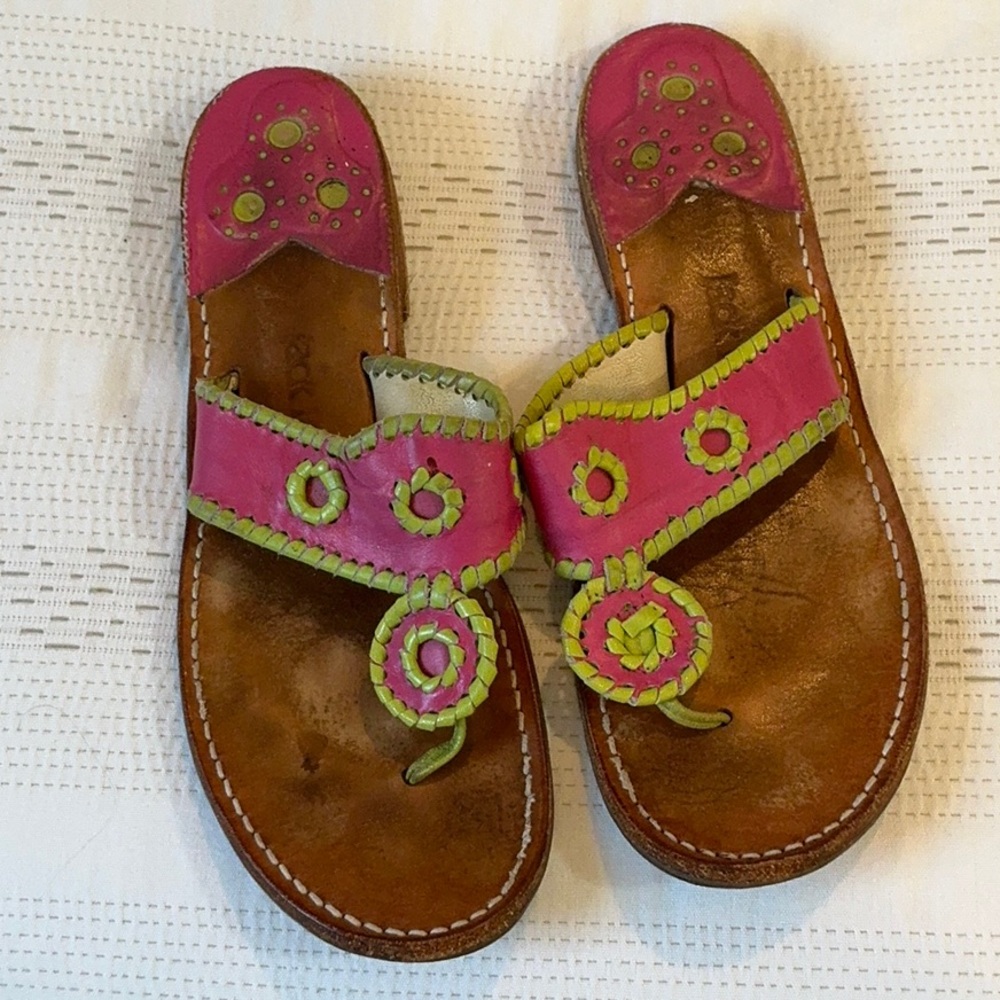 Jack Rogers pink with green stitching size 8